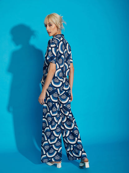 Women's Indigo Geometric Crop Shirt With Straight Pants