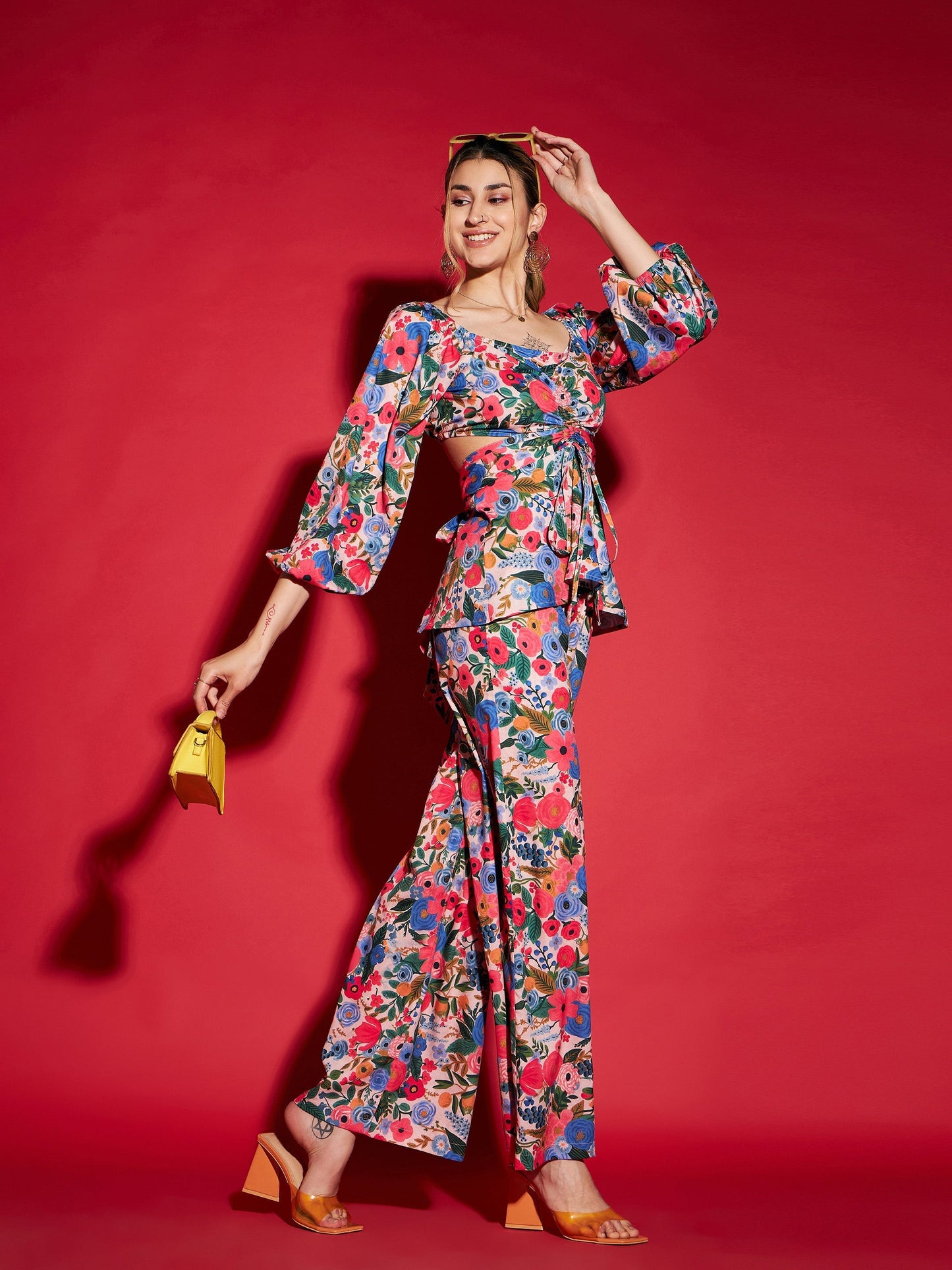 Women's Multi Floral Peplum Top With Straight Pants