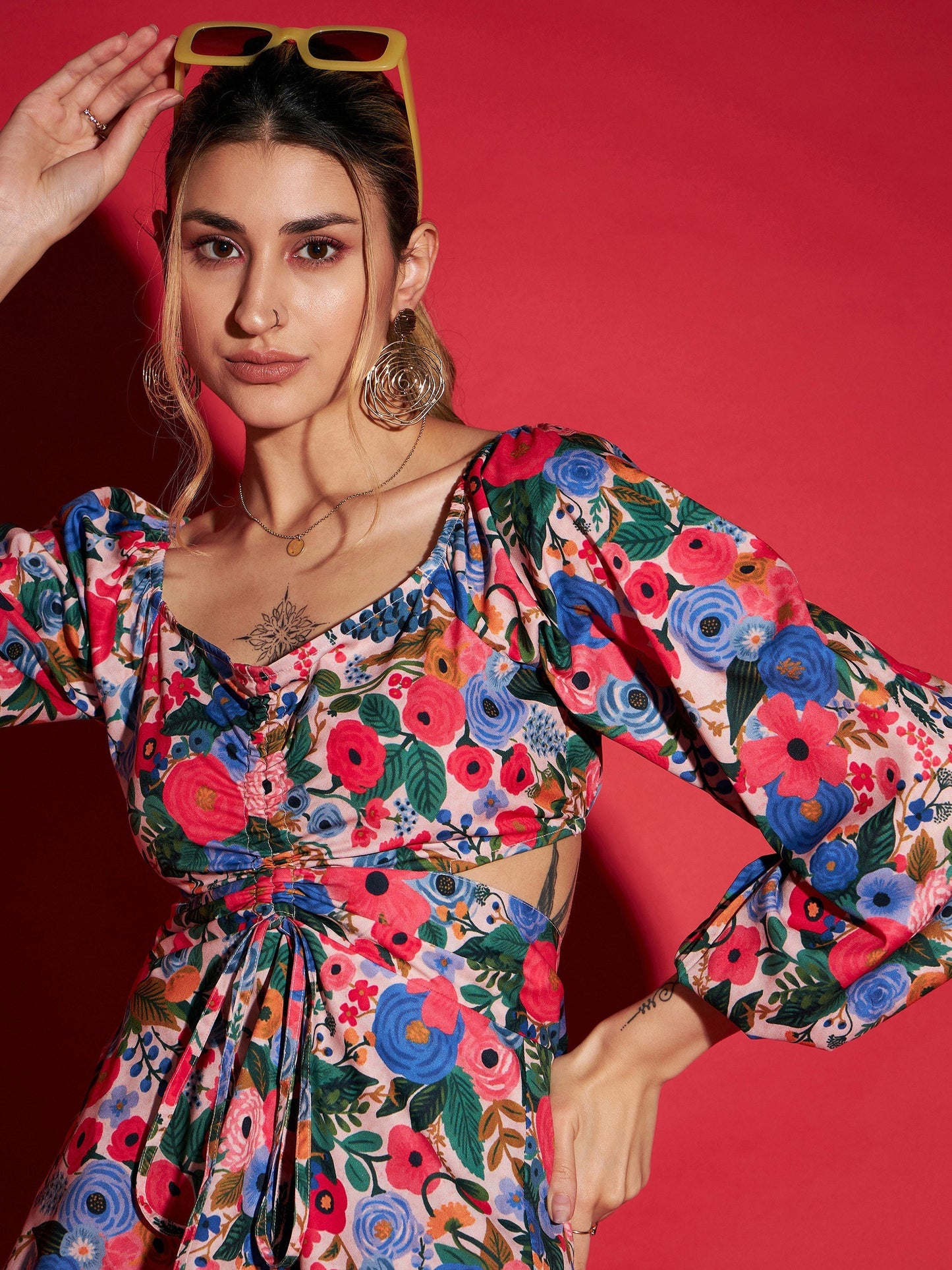 Women's Multi Floral Peplum Top With Straight Pants