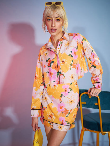 Women's Yellow Floral Boxy Crop Shirt With Mini Skirt