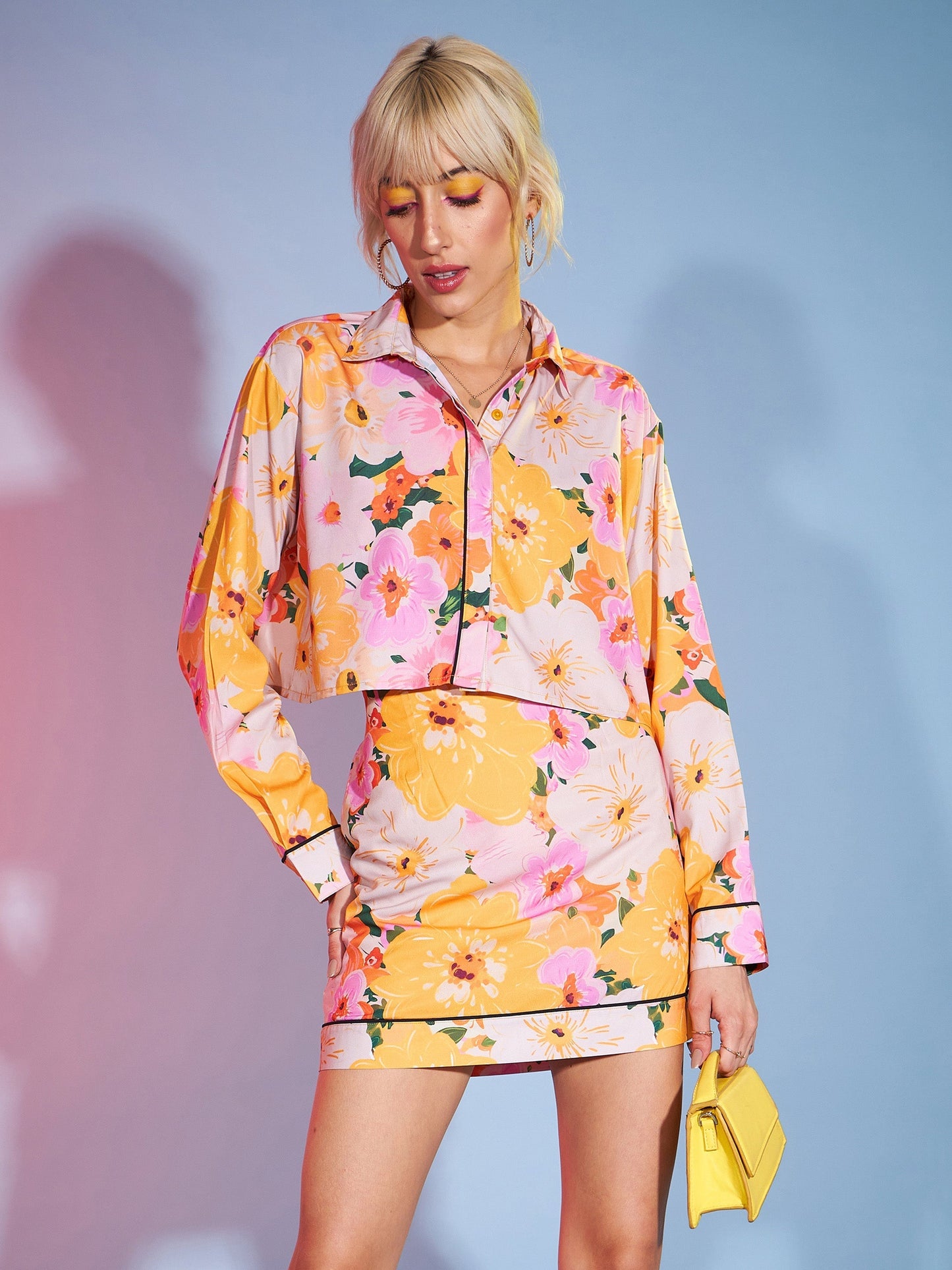 Women's Yellow Floral Boxy Crop Shirt With Mini Skirt