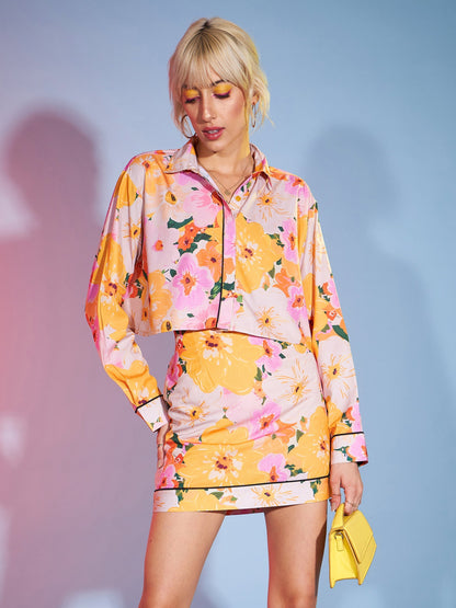 Women's Yellow Floral Boxy Crop Shirt With Mini Skirt