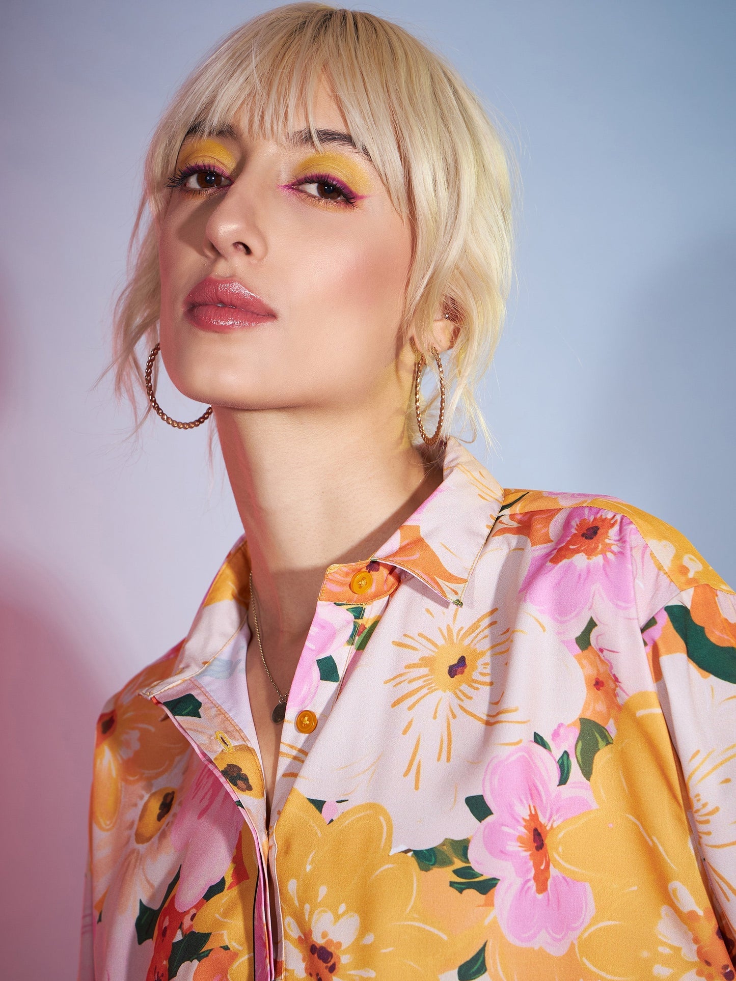 Women's Yellow Floral Boxy Crop Shirt With Mini Skirt