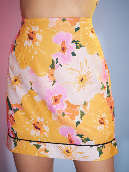 Women's Yellow Floral Boxy Crop Shirt With Mini Skirt