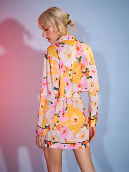 Women's Yellow Floral Boxy Crop Shirt With Mini Skirt