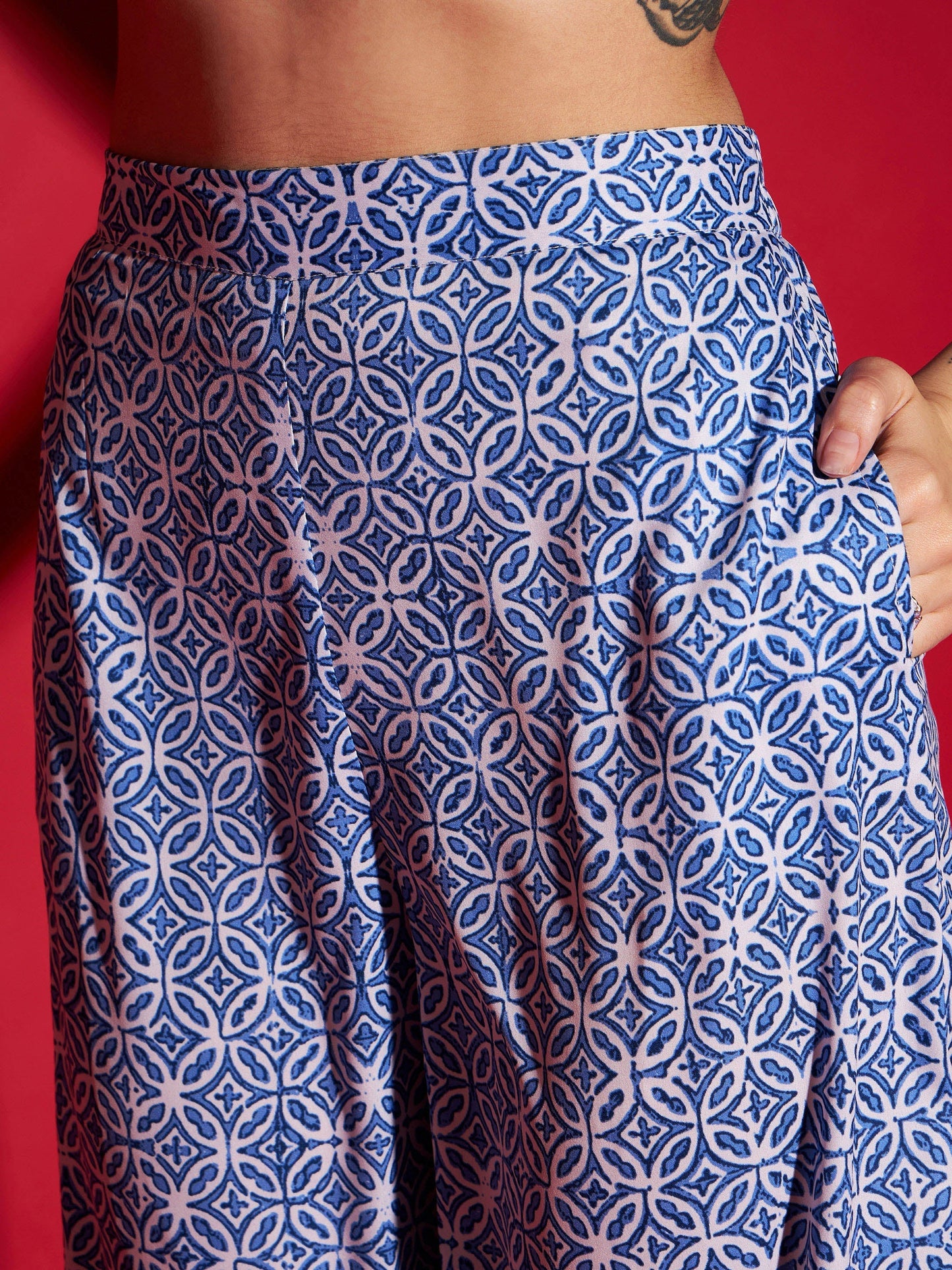 Women's Blue Mughal Print Crop Top With Straight Pants
