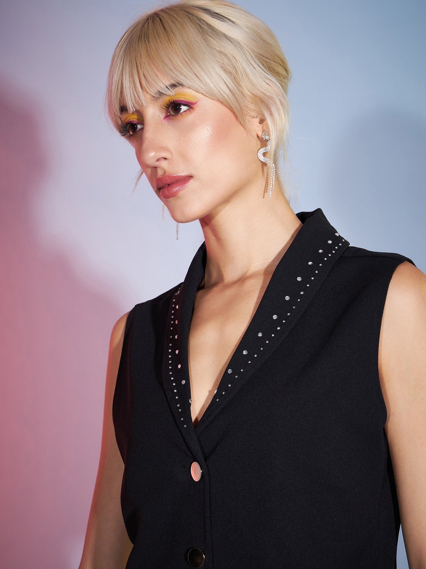 Women's Black Studded Shawl Collar Crop Top With Mini Skirt