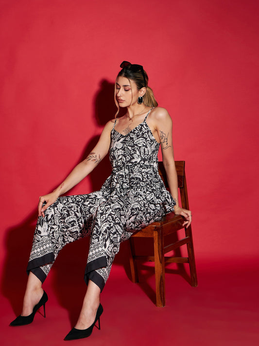 Women's Black Floral Strappy Top With Straight Pants