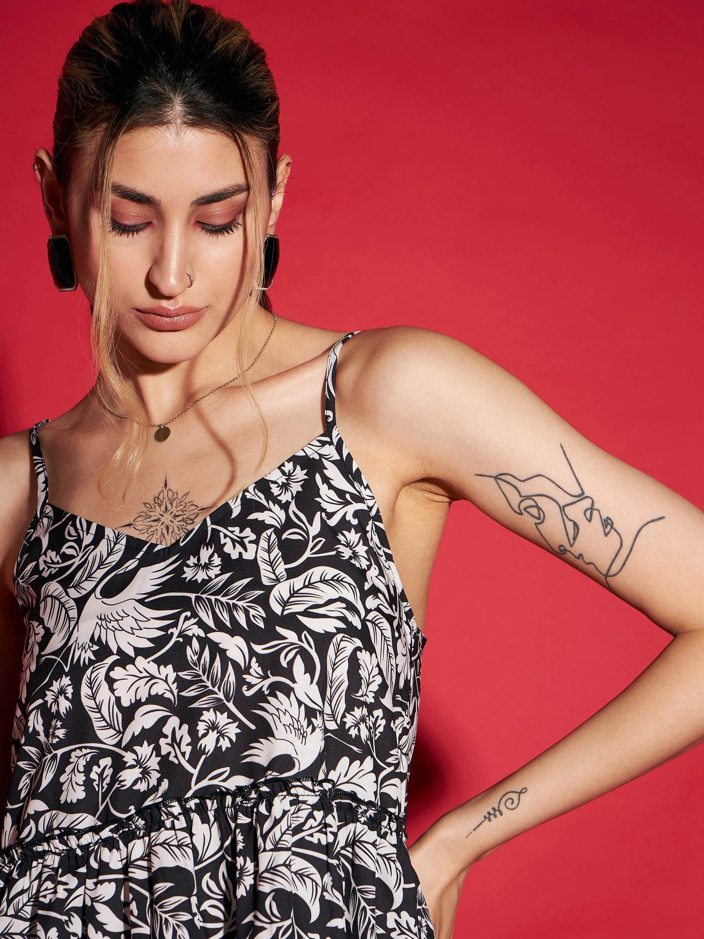 Women's Black Floral Strappy Top With Straight Pants