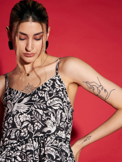 Women's Black Floral Strappy Top With Straight Pants