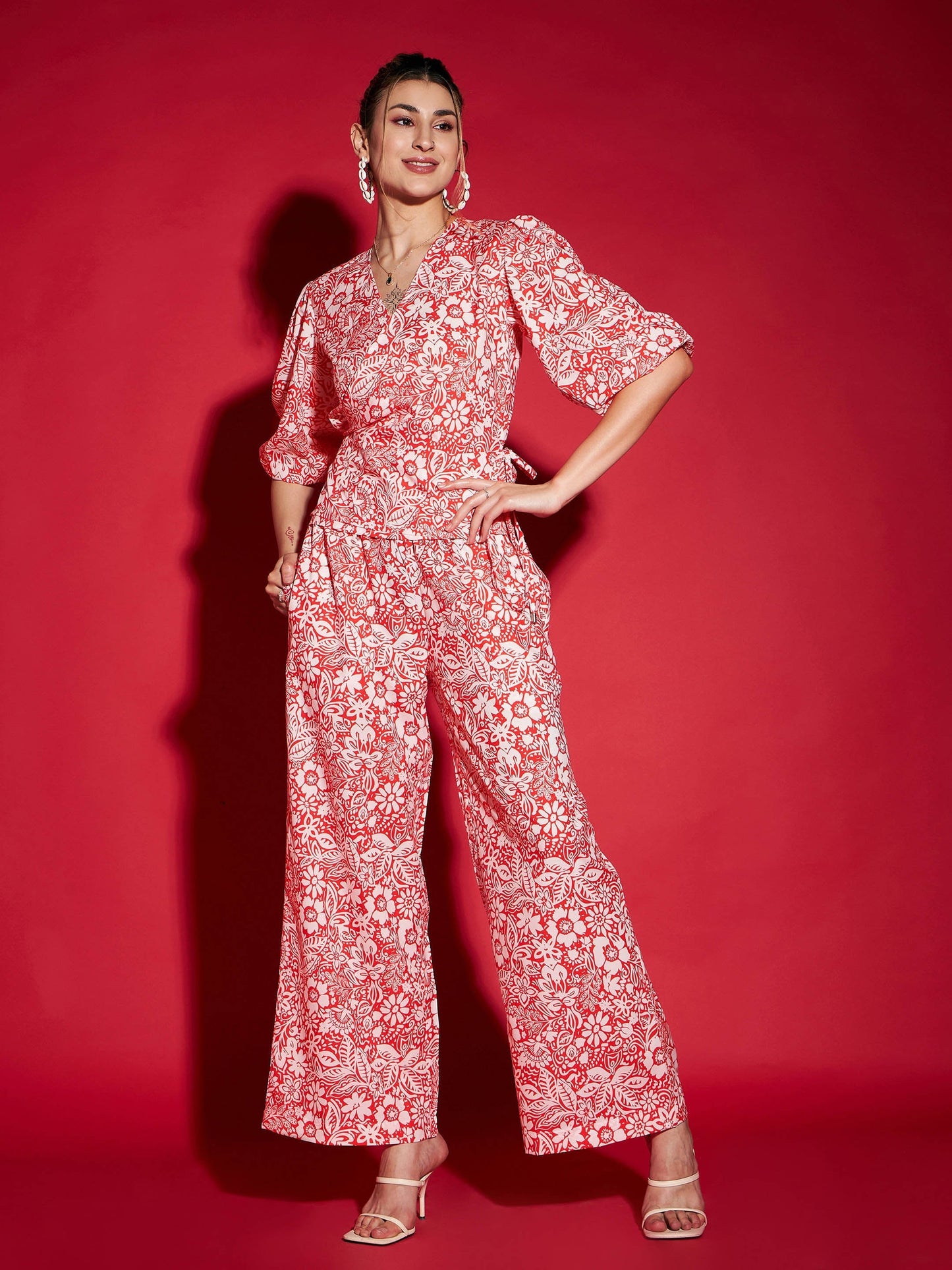 Women's Orange Floral Wrap Top With Straight Pants