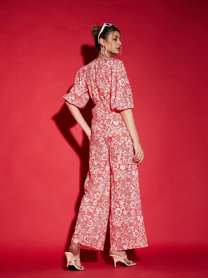 Women's Orange Floral Wrap Top With Straight Pants