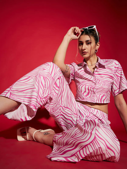 Women's Pink Abstract Print Crop Shirt With Straight Pants