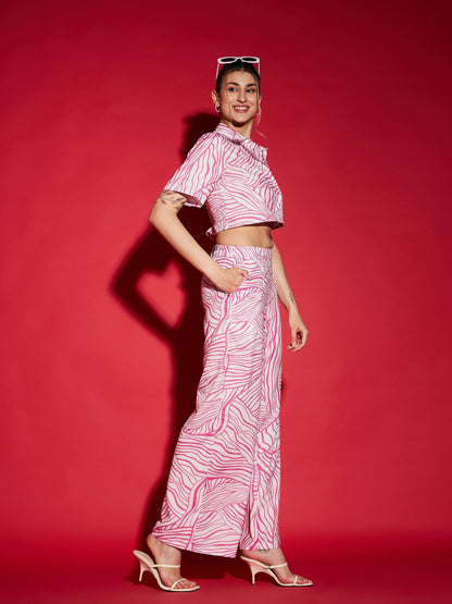 Women's Pink Abstract Print Crop Shirt With Straight Pants