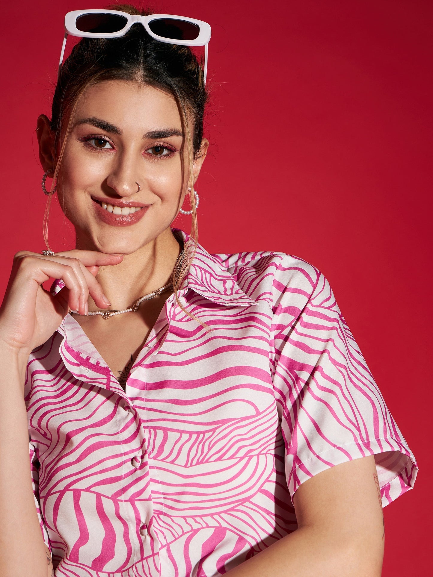 Women's Pink Abstract Print Crop Shirt With Straight Pants