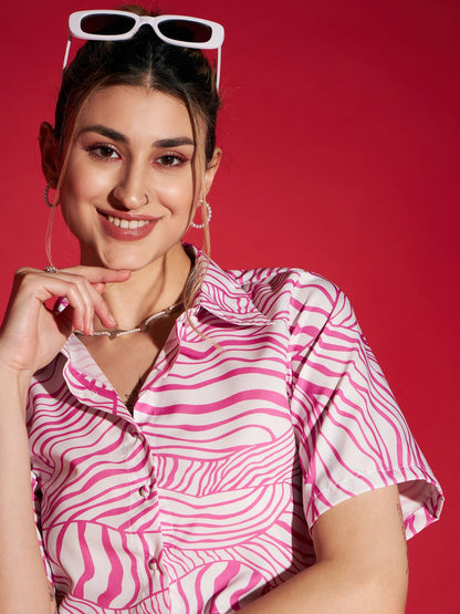 Women's Pink Abstract Print Crop Shirt With Straight Pants