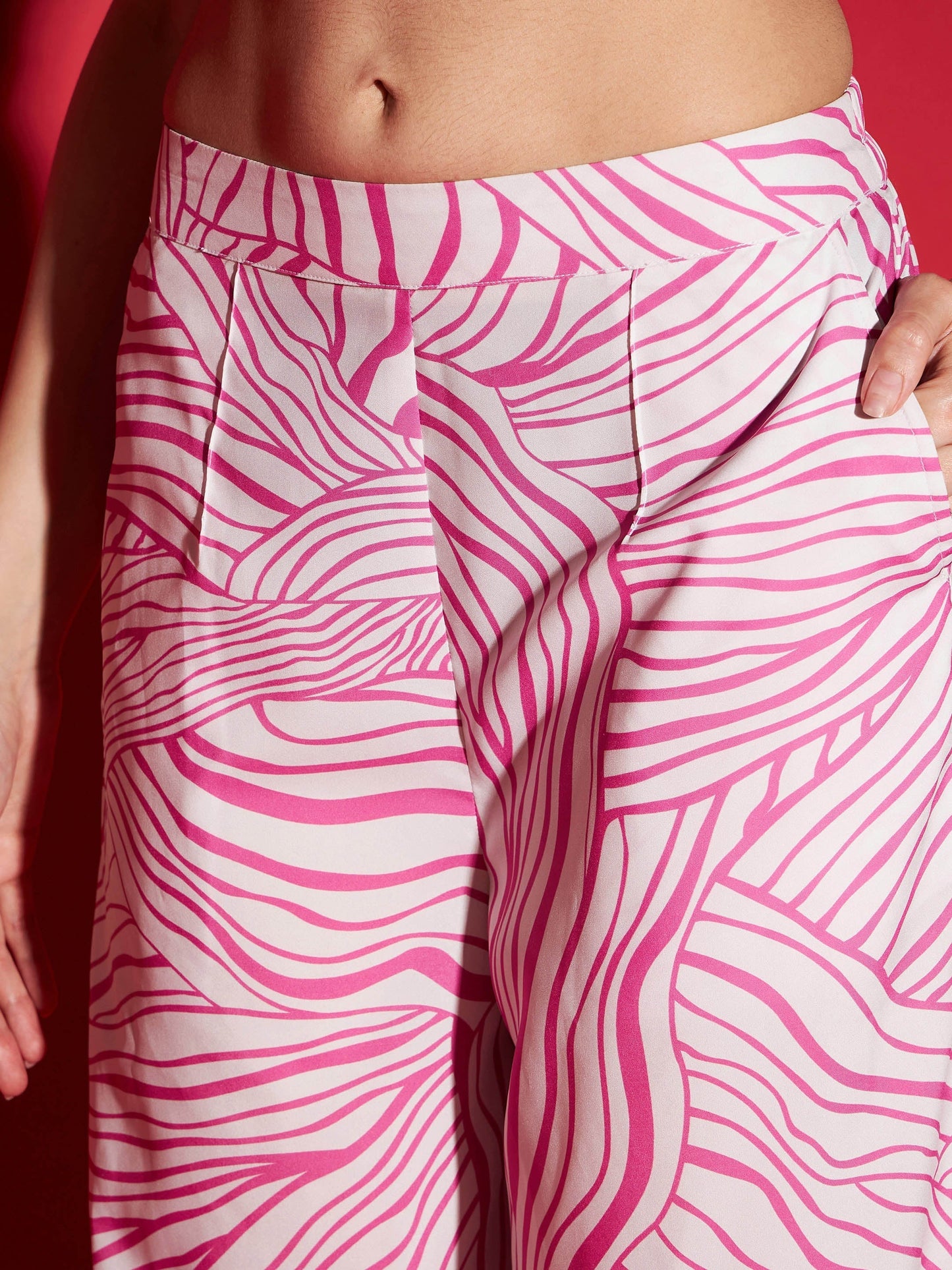 Women's Pink Abstract Print Crop Shirt With Straight Pants