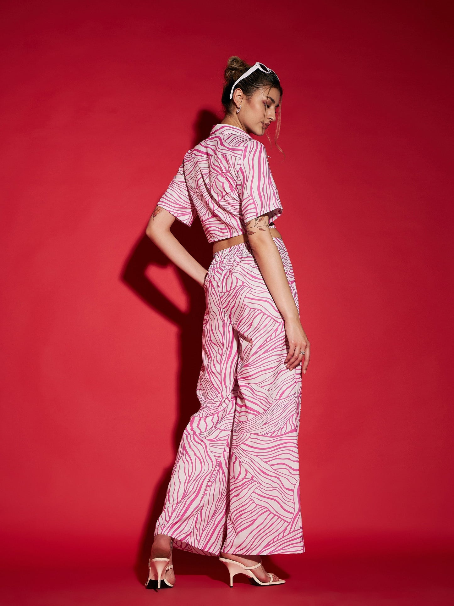 Women's Pink Abstract Print Crop Shirt With Straight Pants
