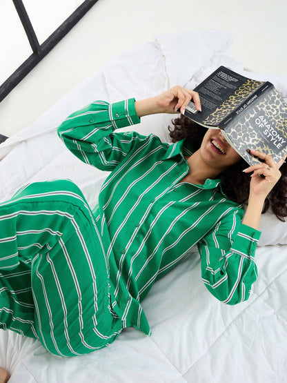 Women's Green Striped Night Suit