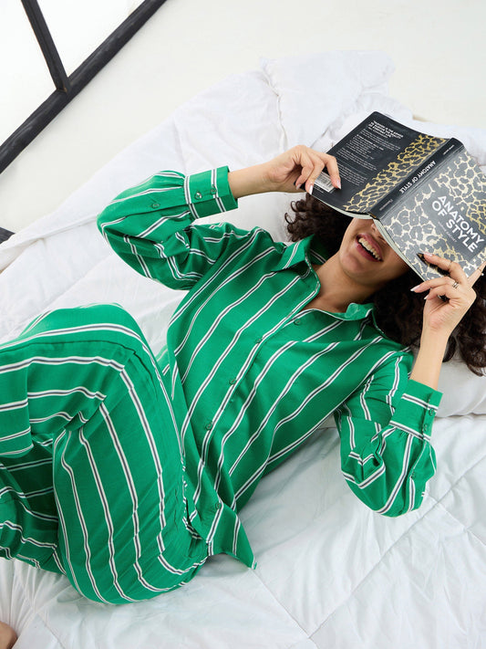Women's Green Striped Night Suit