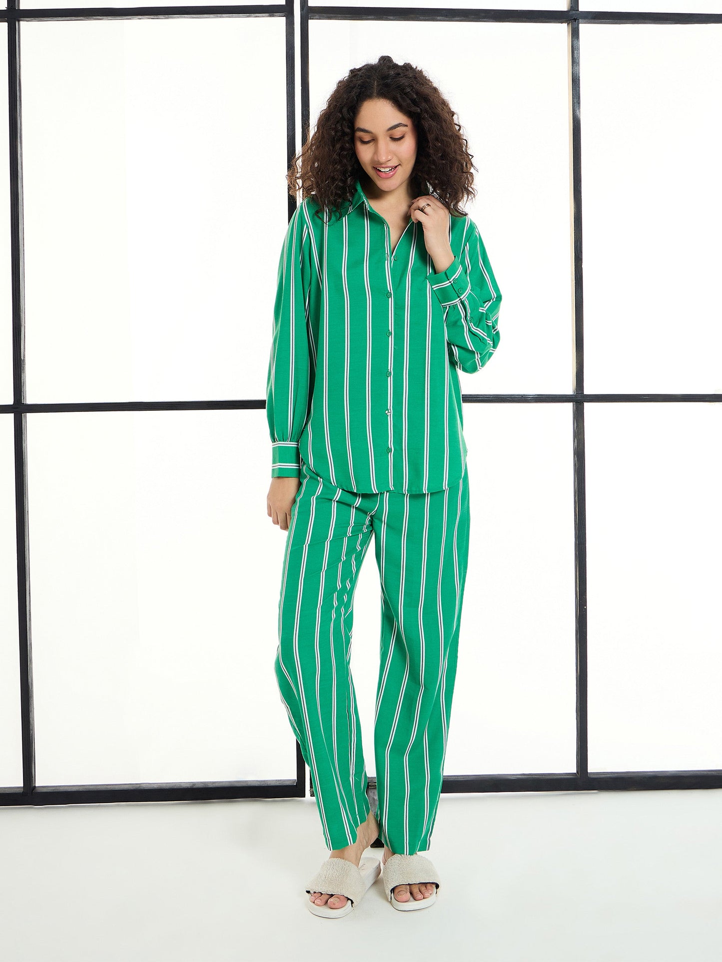 Women's Green Striped Night Suit