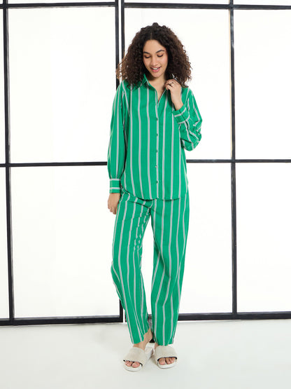 Women's Green Striped Night Suit