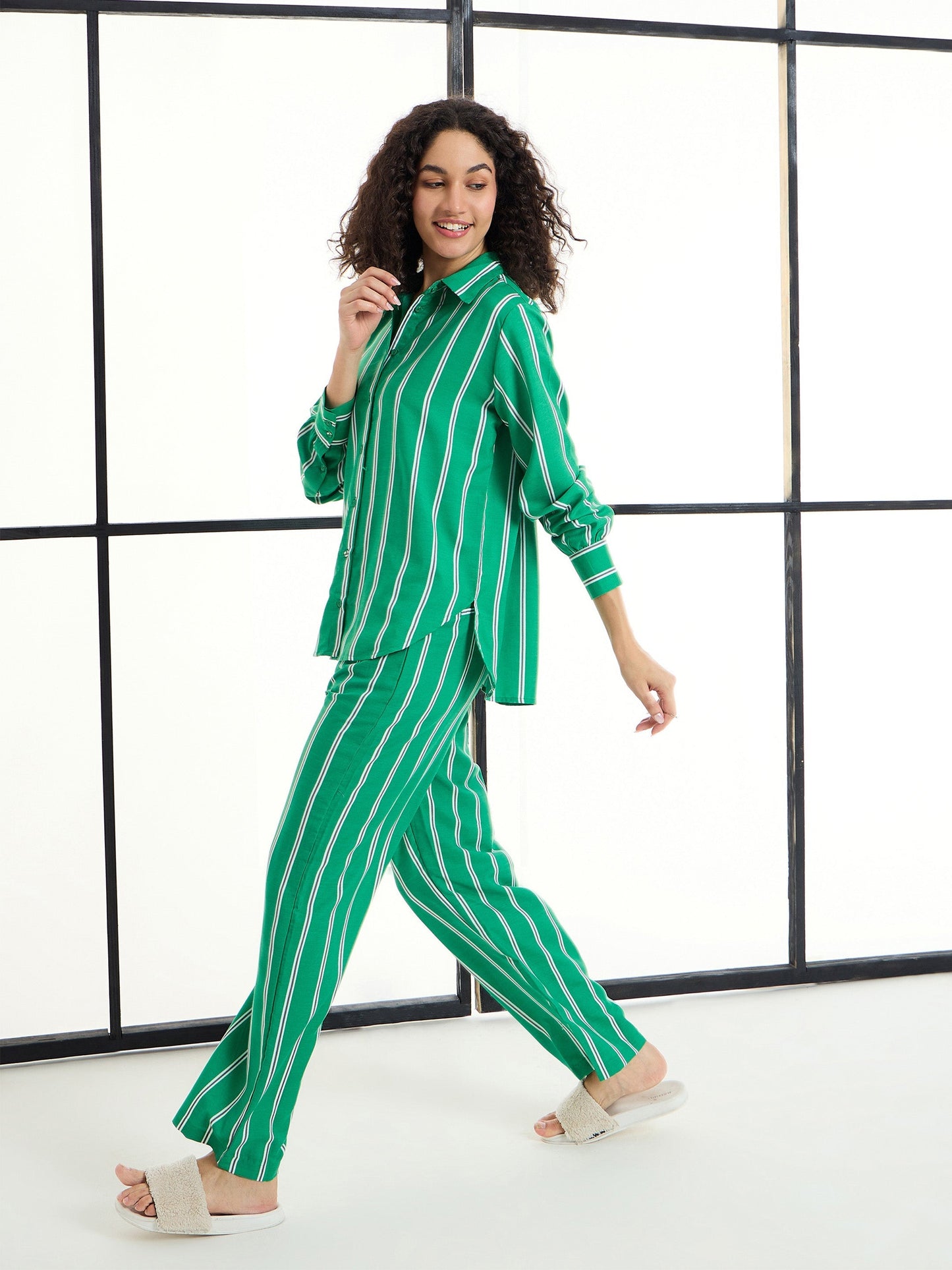 Women's Green Striped Night Suit