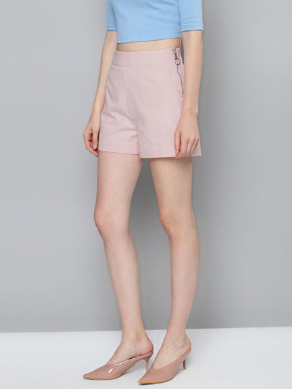 Women's Pink Side Zipper Twill Shorts