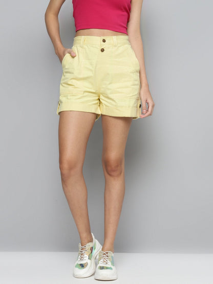 Women's Yellow Side Button Twill Shorts