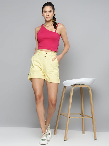 Women's Yellow Side Button Twill Shorts