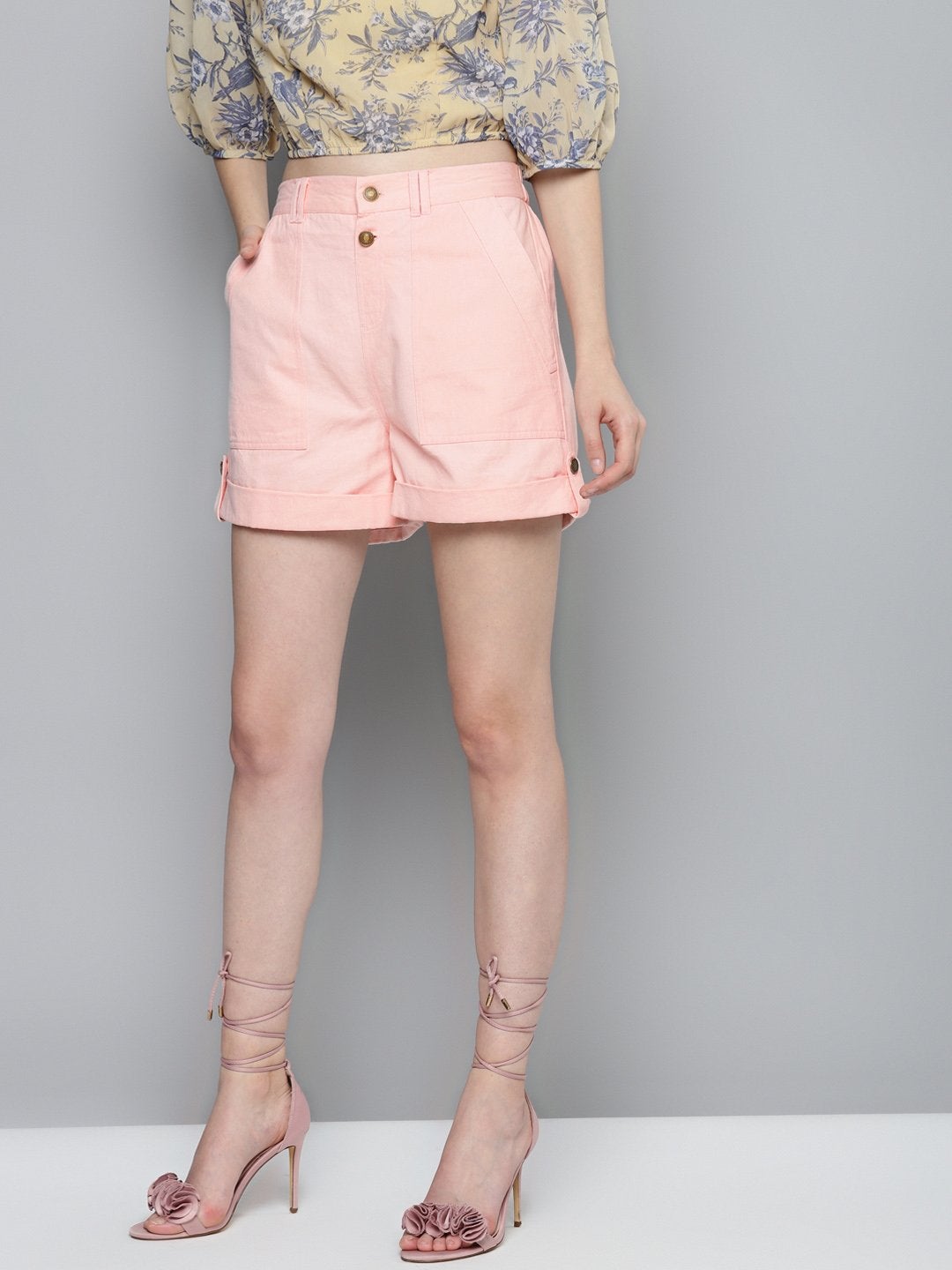 Women's Pink Side Button Twill Shorts