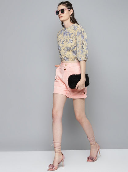 Women's Pink Side Button Twill Shorts