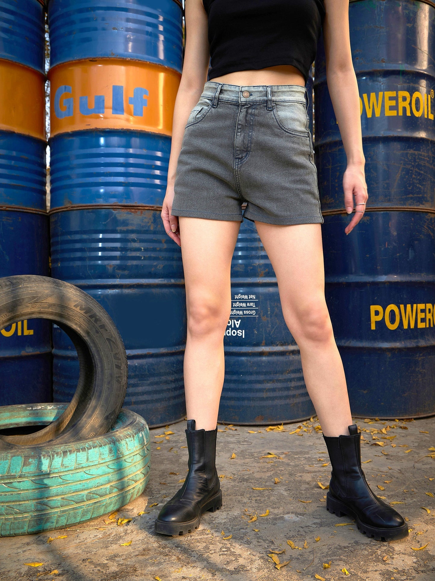 Women's Grey Acid Wash Denim Shorts