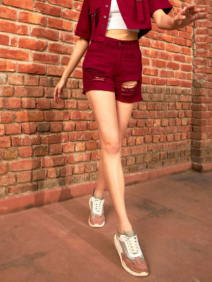 Women's Maroon Denim Heavy Distress Shorts