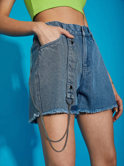 Women's Blue Denim Wash Chain Detail Shorts