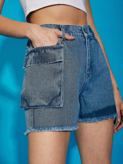 Women's Blue Denim Wash Hanging Pocket Shorts