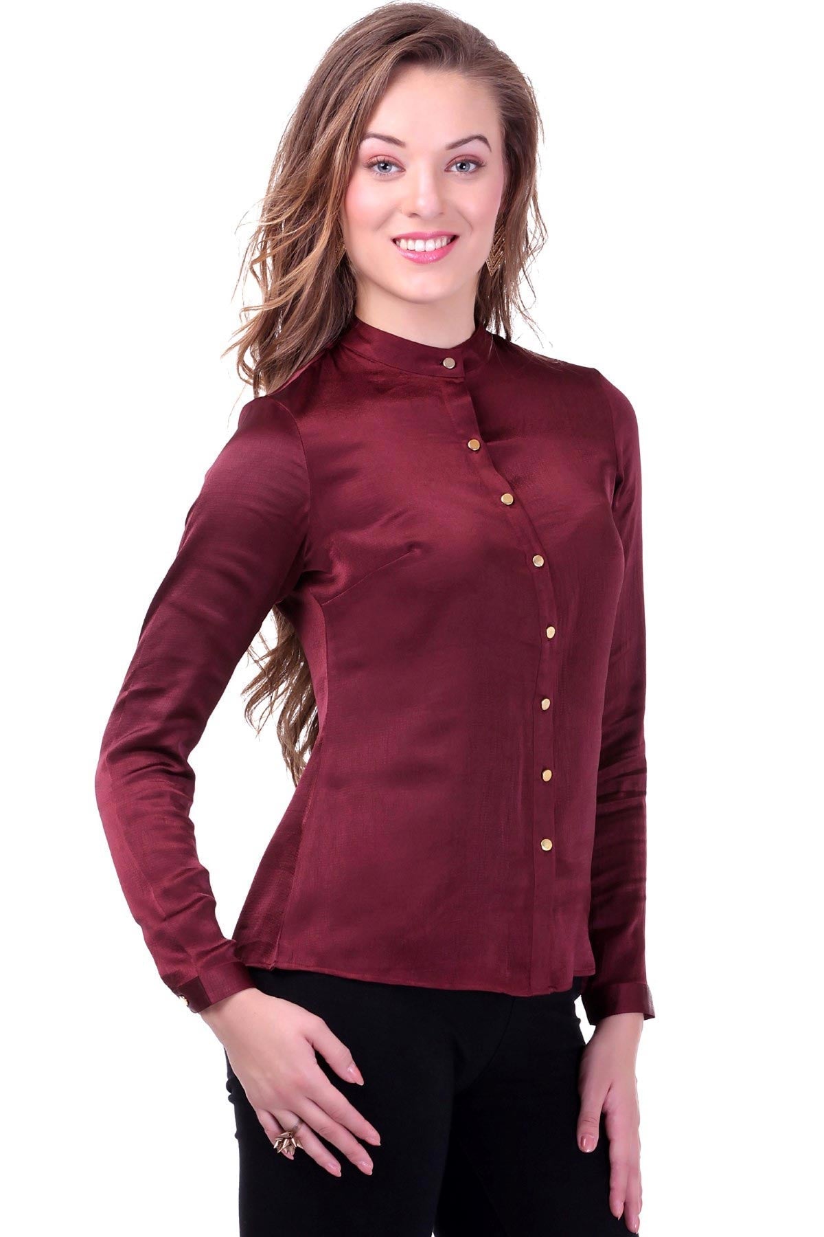 Women's Maroon Satin Shirt
