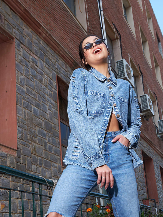 Women's Blue Denim High Low Distressed Shirt