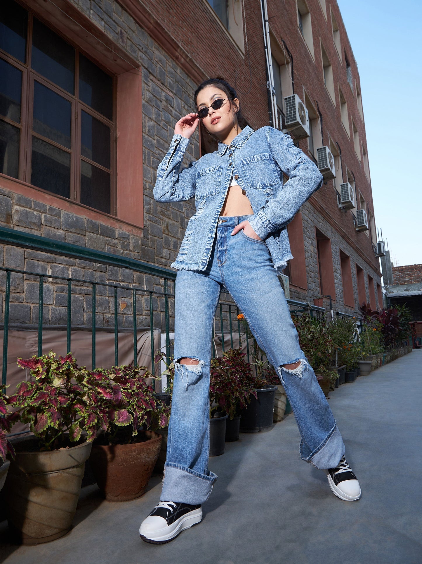 Women's Blue Denim High Low Distressed Shirt