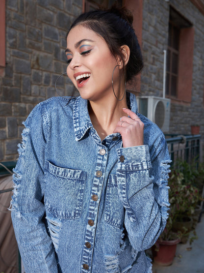Women's Blue Denim High Low Distressed Shirt