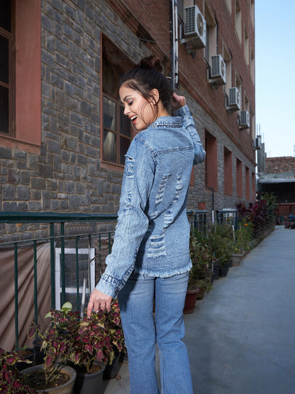 Women's Blue Denim High Low Distressed Shirt