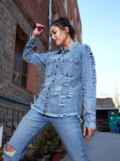 Women's Blue Denim High Low Distressed Shirt
