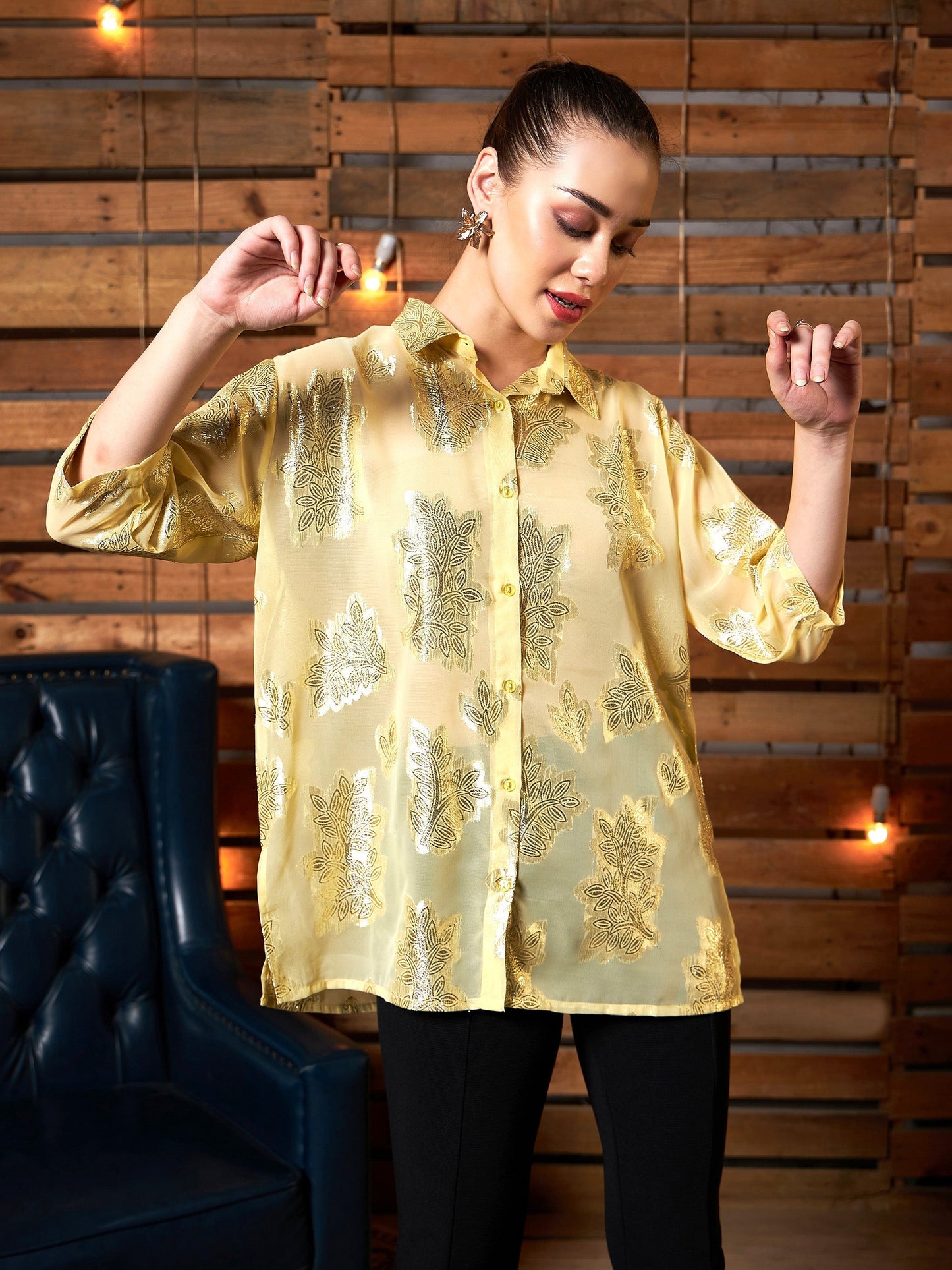Women's Yellow Jacqaurd Boxy Shirt