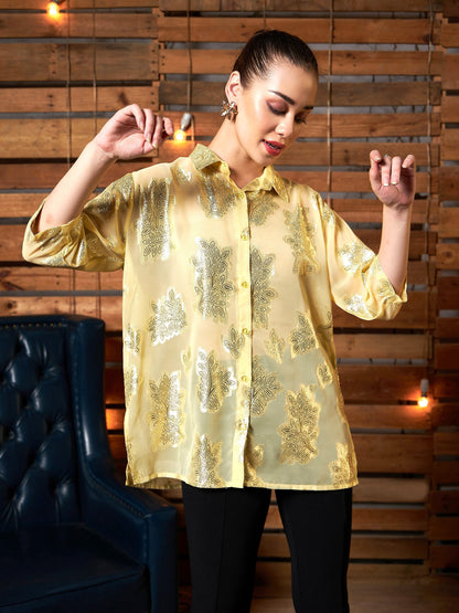 Women's Yellow Jacqaurd Boxy Shirt