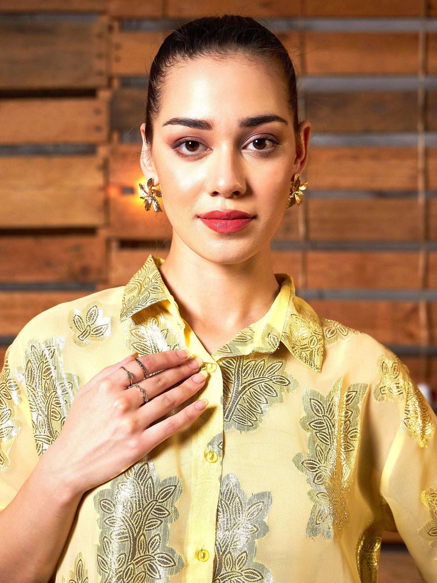 Women's Yellow Jacqaurd Boxy Shirt