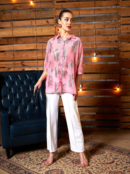 Women's Pink Jacqaurd Boxy Shirt