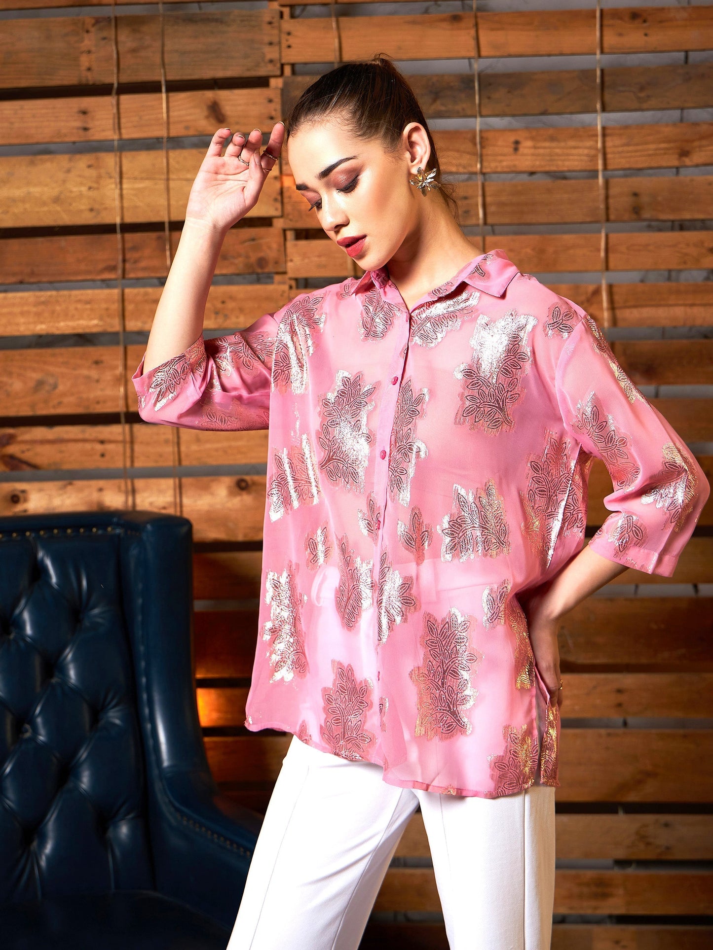 Women's Pink Jacqaurd Boxy Shirt