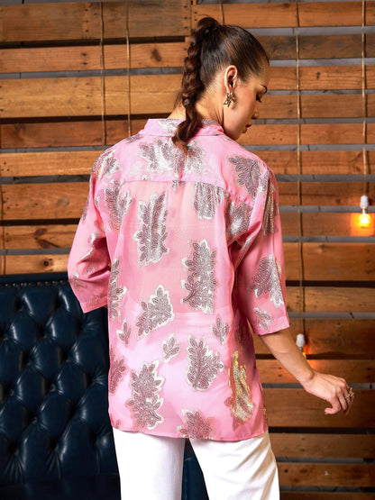 Women's Pink Jacqaurd Boxy Shirt