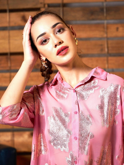 Women's Pink Jacqaurd Boxy Shirt