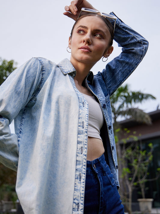 Women's Blue & White Colour Block Shirt